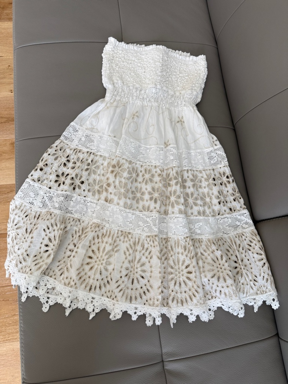 TEMPTATION POSITANO White & Gold Strapless Eyelet Mini Dress w Smocked Bodice